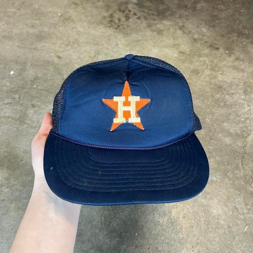 Vintage Houston Astros Trucker Hat Navy Blue Mesh Snapback Players Hat S/M‎